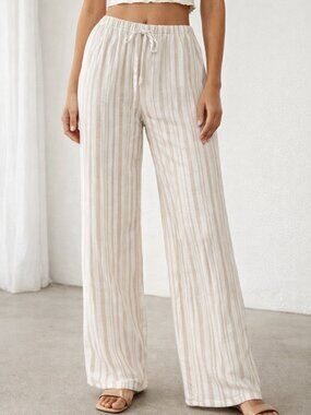 Cream Stripe Wide Leg Linen Blend By Pink Republic Size Medium